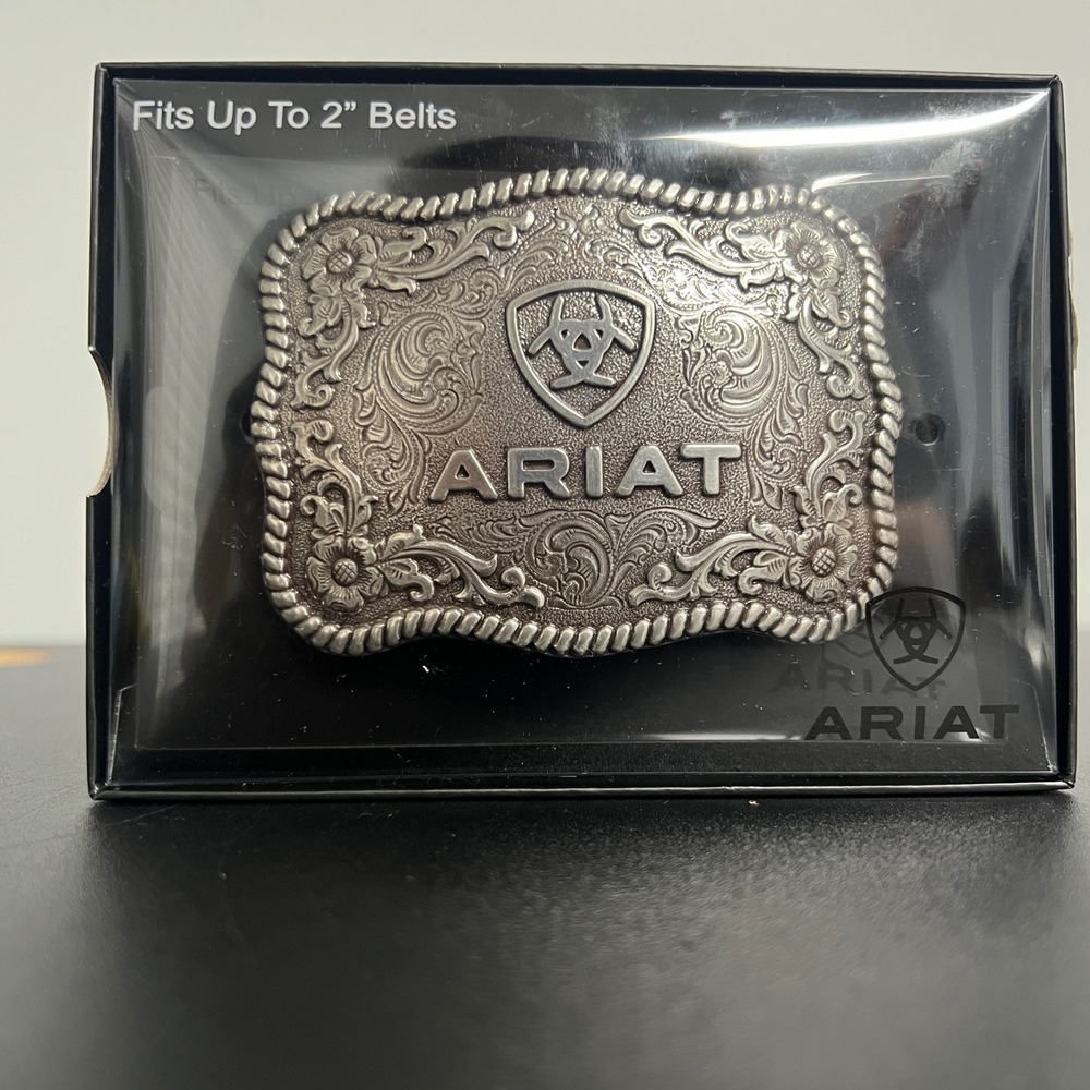 Ariat Mens Western Floral Scroll Logo Belt Buckle Silver Tone A37006 Fits 2 Inch